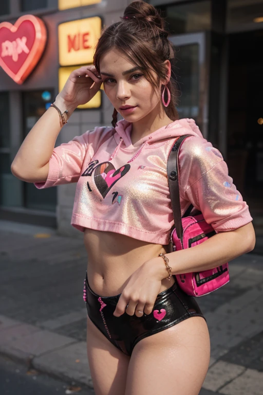 Image of girl with aesthetic style heart glasses and nineties outfit with lolipop background