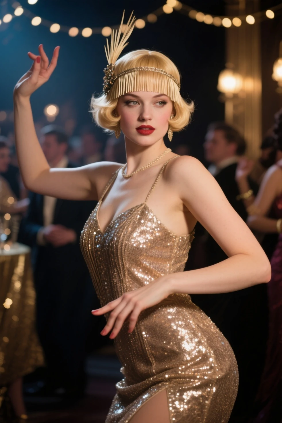 girl, (((elegant 1920s singer))), waterwave hairstyle, vintage sequined dress, holding a vintage microphone, glamorous makeup, femme fatale, art deco stage, performing in a grand theater, photorealism, highly detailed, ultra quality, cinematic lighting, realistic skin texture, (((white hair))) (feminine), ((alluring facial expression)), ((exquisitely detailed facial features)), ((perfect eyes)), extremely detailed painting, intricate, ((Bastien Lecouffe-Deharme art style)), 8k wallpaper, nikon, trending on Artstation, trending on CGSociety, midjourney art, (sensual), ((full lips))