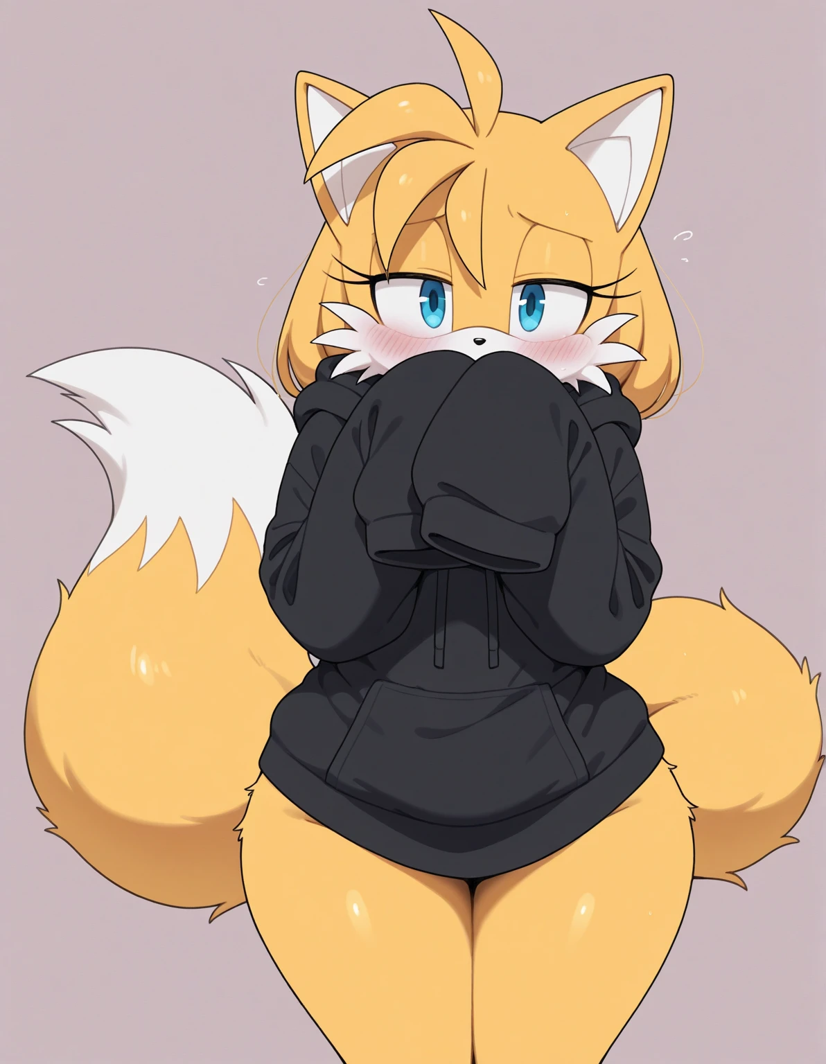 by jinxit, sketch outlines, sketch lines, high quality, high res, female, cat, feline, anthro, biped, orange body, orange hair, black sclera, white iris, fluffy ears, cheek tuft, short maw, short muzzle, big eyes, long bottom eyelids, cat nose, 4fingers, black choker, black thin panties, hips, thighs, black nails, bedroom_eyes, sleepy eyes, croptop, hoodie croptop, ear going through cap, cap on, hood on, cap up, hood up, underboob view, low angle view, slut vibes, smirk, hands on hips, fluffy, fluff