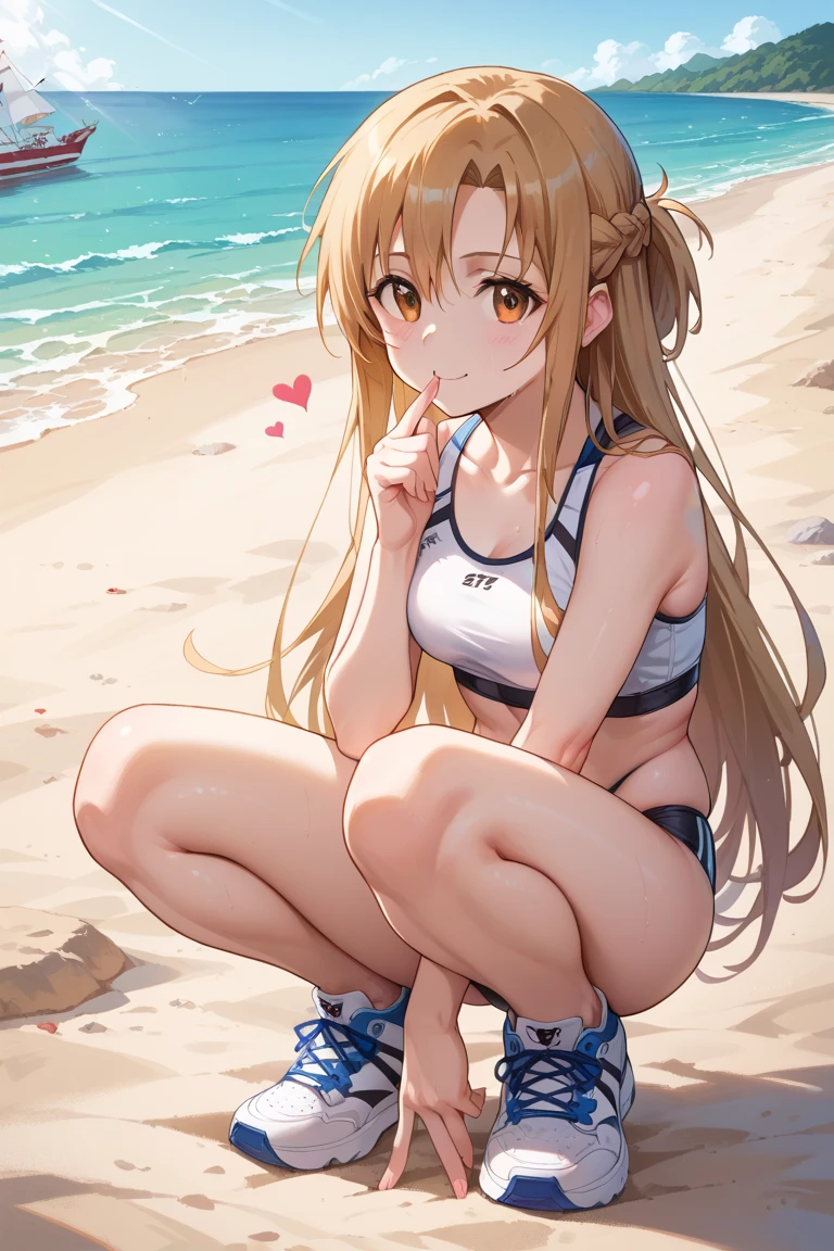 masterpiece, best quality, highres, aamurasa, long hair, twintails, medium breasts, cleavage, sailor bikini, black bikini, bikini skirt, white skirt, <lora:murasame_v1:0.7>, beach, warza, :o,