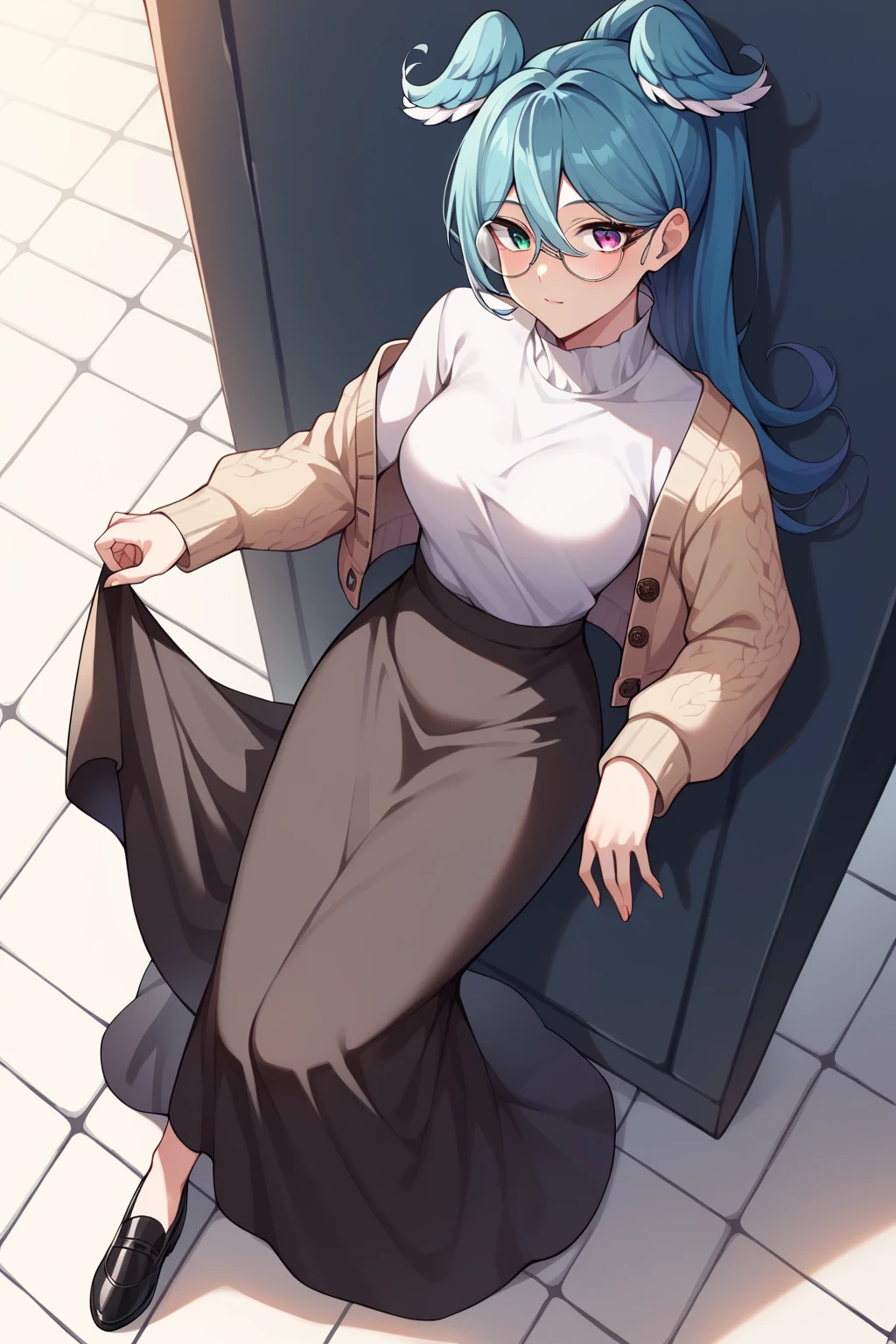 score_9, score_8_up, source_anime, 1girl,white hair, young, long hair, green glasses, perfect eyes, innocent, blue eyes,full body ,ahoge, solo, colored tips, white hair, high-waist skirt, long skirt, black skirt, blue shirt, long sleeves, standing, indoors, (bound with an excessive amount of ropes), (bound wirsts), (arms behind back), (tapegag, tape gag), dramatic, (looking at viewer), (detailed pupils:1.3),ahoge,pencil skirt, classroom