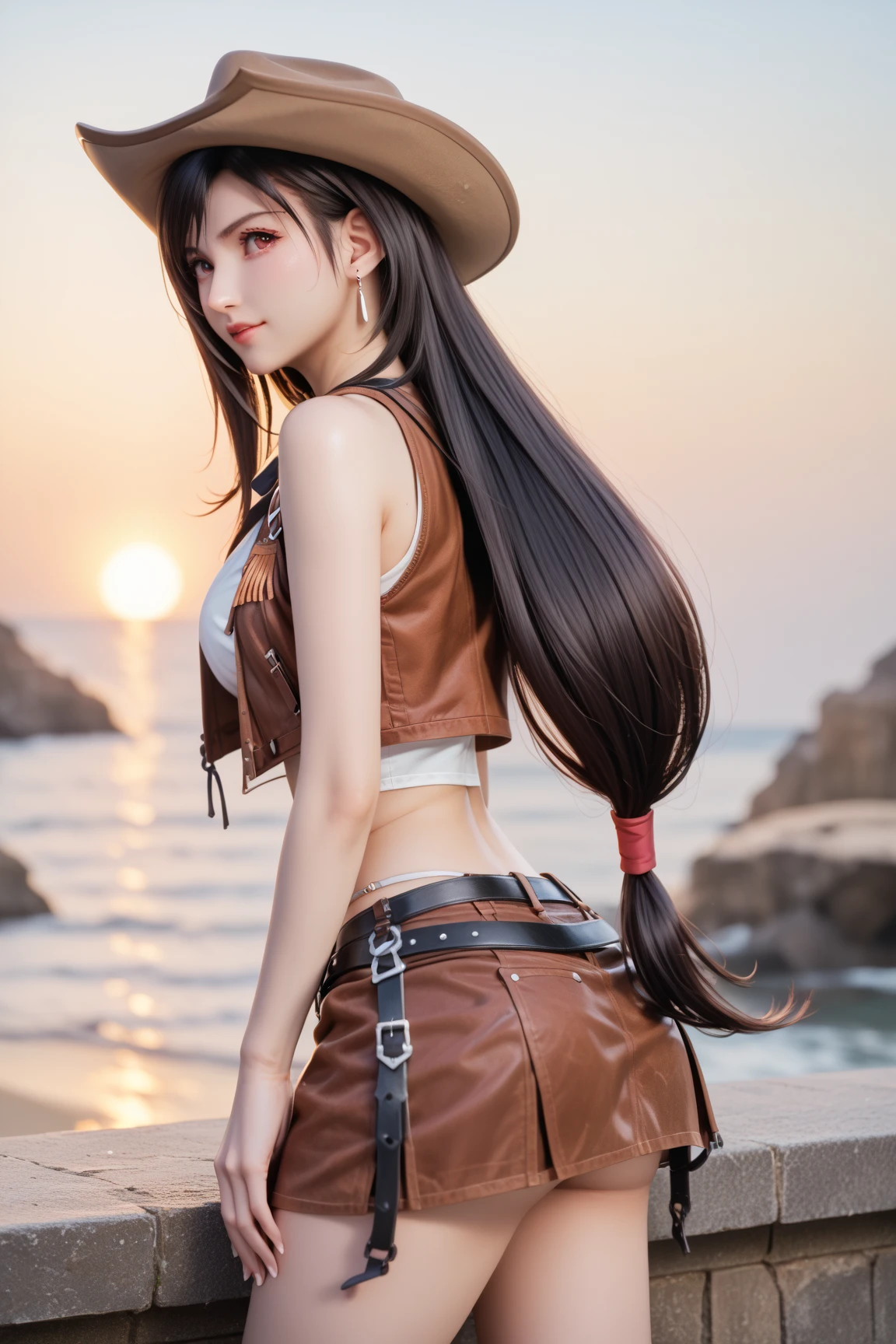 a cute 18 year old girl, with long brown hair, black hair, Fair skin,High Quality, instagram model, Sexy photo of a girl camping alone, exteriors, Slim Fitness Body, large full breasts, Clearly visible chest contours, shot from below, 18-year-old female, sunset, (One tent in the background), slender fit body, small waists, large full breasts, lean girl, skinny legs, Cold Weather, Prominent chest contour, Smiling, Happy Girl, Blonde hair, messy long hair, Hard Outline, Visible Defined Lips, Marking thigh spacing. slim girl, girl, slim girl, Clean Shot, There is only one tent in the photo, collarbone, fingerless gloves, gloves, dress tight, over the knee dress, hat, navel, neckerchief, red neckerchief, elegant secretary dress outfit, thick thighs, thighs, multiple belts, More detailed 8K.motor irreal:1.4,UHD,La mejor calidad:1.4, fotorrealista:1.4, textura de la piel:1.4, obra maestra:1.8,obra-prima, mejor calidad,objeto Objeto], (detailed face features:1.3),(manos detailed)