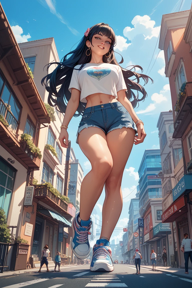 30-year-old woman、Soft wavy long hair、Shiny hair quality、Sparkling blue eyes、A feminine and soft body、developed buttocks、Toned thighs and calves、Wearing high heels、Shiny red off-the-shoulder mini flareTshirt、huge breasts, High rise navy jeans、A low-angle shotPhotographed with a slight fisheye lens effect、Shooting focused on the lower body、(From below:1.3)、Smiling while looking down at the photographer