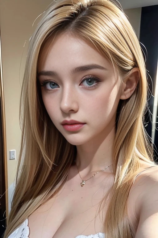 full waist up pose of a Light blonde hair, Wavy blonde hair, Wavy blonde hair, With small fringe, black eye, Upturned and beautiful nose, Thick lips, Cupid with heart shaped lips.., Pink Lips, pale, White skin, Nice and soft skin, I have freckles and moles, Beautiful eyebrows, Exceptionally beautiful collarbones, He is wearing a half-opened tightly sexy look polo shirt, dark red, With women&#39;s underwear, full waist up pose , upper knees pose ,slim and beautiful stomach, Bare neckline, (Large Breasts, Soft Breasts, Natural Breasts, Bare neckline), Looking at the camera, Auto Photo,The chest is visible,Upper body composition