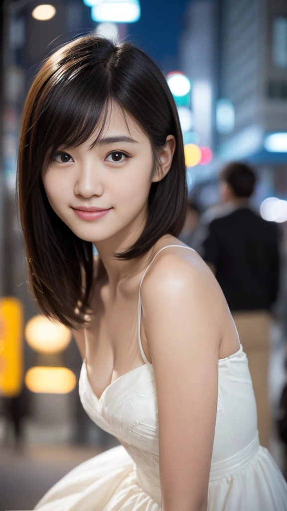 One Girl, (Wearing a see-through strapless camisole:1.7), (No underwear:1.7)、(Close-up of face:1.5)、(RAW Photos, highest quality), (Realistic, Photorealistic:1.4), Tabletop, Very delicate and beautiful, Very detailed, 2k wallpaper, wonderful, In detail, Very detailedな CG Unity 8K 壁紙, Super detailed, High resolution, Soft Light, Beautiful detailed girl, Very detailedな目と顔, Beautifully detailed nose, Beautiful fine details, Cinema Lighting, City lights at night, Perfect ???????, Slender body, smile