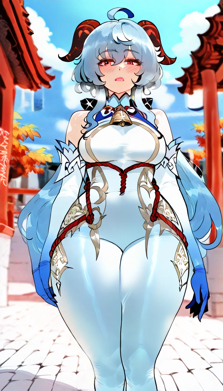 (masterpiece, best quality:1.3), lilminindahouse, 1girl, solo, looking at viewer, wide hips, mature female, closed mouth, seductive smile, large breasts, cowboy shot, muscular female, thick thighs, <lora:lilminindahouse Style Lora:.85>, kaga(everlasting killing stone), white hair, blue eyes, fox ears, mask on head, fox mask, tail, fox girl <lora:kaga_everlasting_killing_stone:.8>