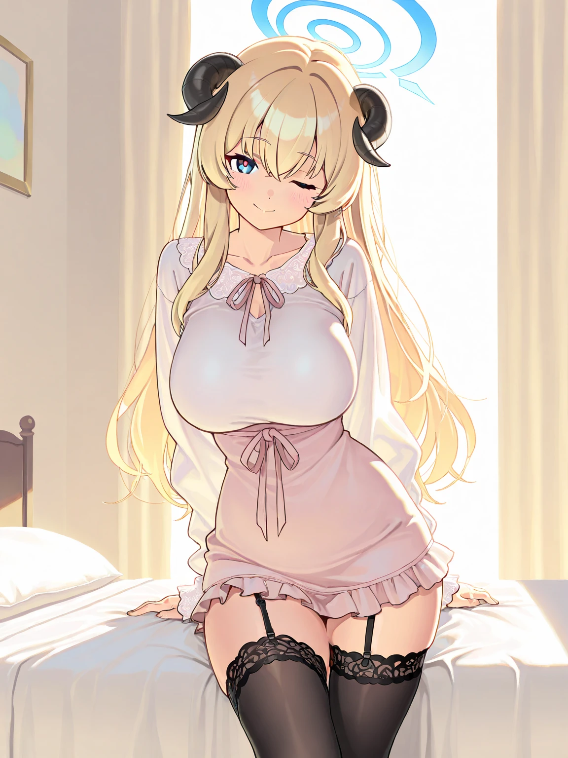 1girl in, bed_bedsheet, Black_legwear very, blush, Ultramammy, cleavage, 鎖骨, covering, covering_breasts, crosses_missiles, Green_Eyes, Medium_爆乳,, Navel, nude, orange_hair, Short_hair, Side_Ponytail, signature, Sitting, Solo, thighs thighs thighs thighs, toppless, 、bbw、thick thight、big butts、Ultramammy、Lower breast