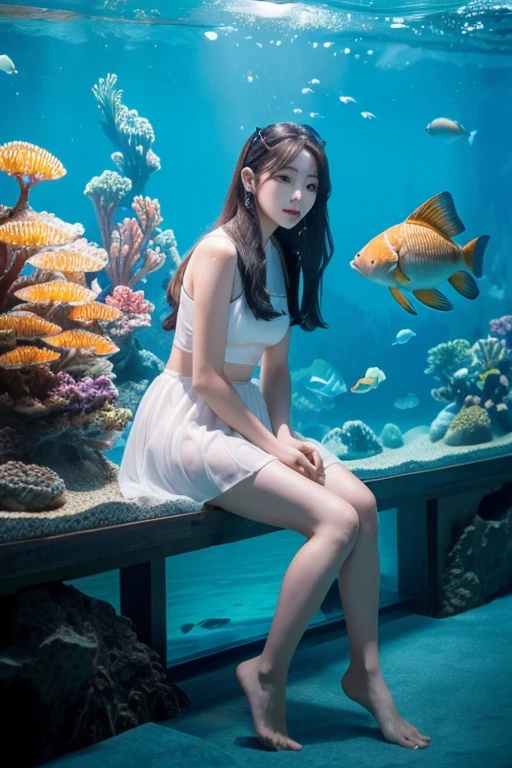 A cute and beautiful Japanese woman in her late twenties with semi-long hair and a voluptuous figure is diving underwater. She is facing the camera with a beaming smile, looking very stylish in a micro bikini. There are many beautiful tropical fish swimming around her.