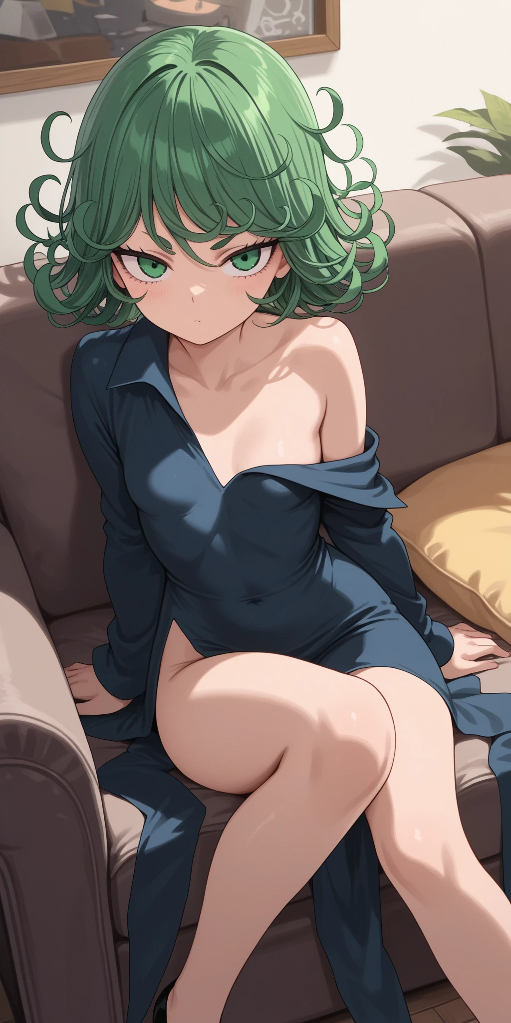 (Masterpiece of Art, best quality specialist), 1 girl , Tatsumaki,showing legs, Dazzling, , indoors, Green Mini skirt,whole feet, Green top, showing feet , 5 Fingers, naked feet , Close to viewer , smile, another, another, feet from bellow