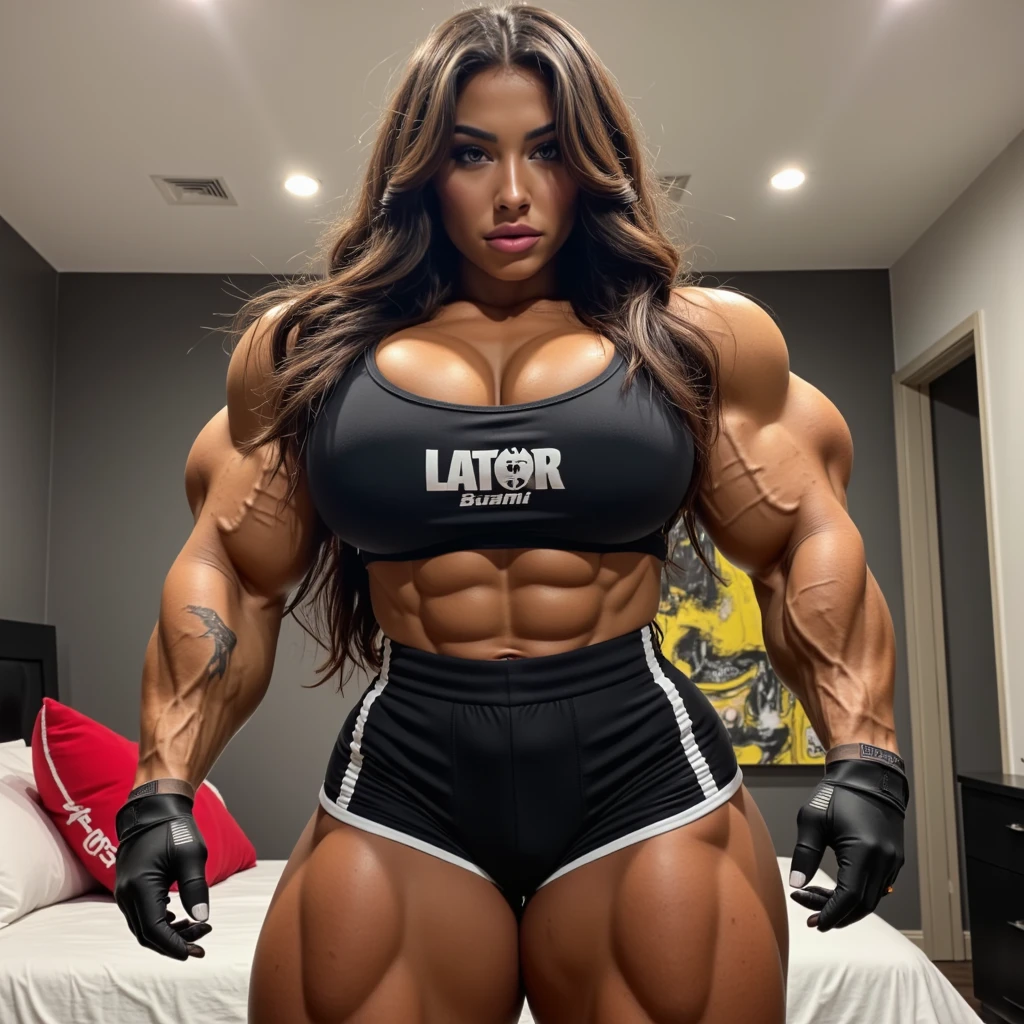 A military, action movie poster of a beautiful, huge, enormous, buff, giant, single Female bodybuilder, muscle goddess, huge arms and huge legs, giant boobs, enormous muscles, big beautiful eyes, with long dark hair, wearing reading glasses, holding an assault rifle, machine gun, photorealistic