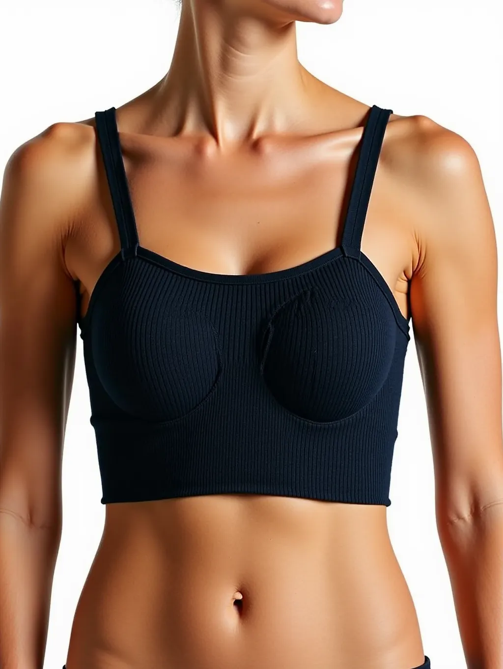 Arafed woman in a blue top and black pants posing for a photo, Bralette, usando uma camisola, peito achatado, Detalhe perfeito, usando regata, tshirt azul apertada, Tampo tanque azul, Encaixe figura delicada, parte superior do corpo close up, usando uma camiseta regata, Matte Navy - Bodysuit Azul, Tampo do tanque apertado, topo de corte