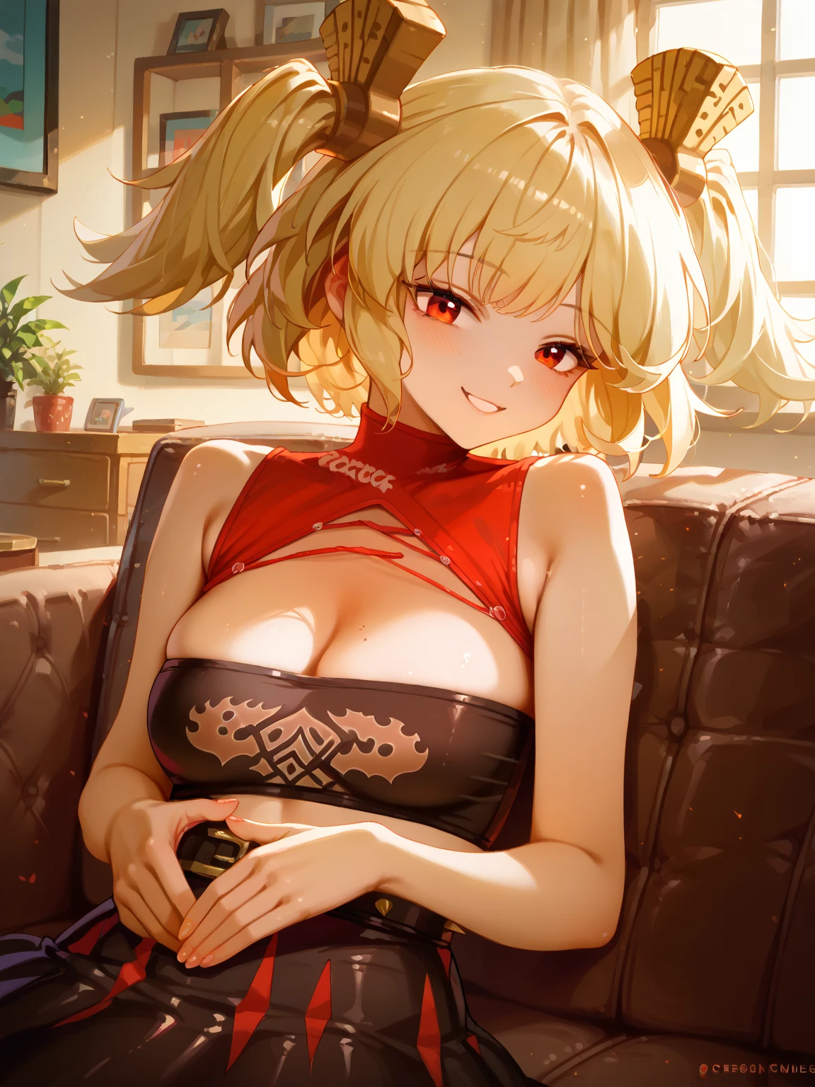 photo realistic, anime style, (8k, RAW photo, best quality, masterpiece:1.2), High detail RAW color photo, professional photograph, cowboy shot, (realistic, photo realistic:1.37),cinematic light, (finery detailed face:1.2), cowboy shot, thigh 1 girl, 18-28 years old, very cute, very beautiful, photo realistic, event companion, BREAK, white skin, real human skin, (detailed face), oval face, pores, ultra high res, BREAK, slim, (medium-large-breast:1.37, cleavage:1.37), (looking straight at viewer with a serene and goddess-like happiness:1.2), (lifter gloss, eyelashes, gloss-face, best quality, ultra highres, Broad lighting, natural shading), (beautiful thin long hair, twin-buns hair style:1.5, shiny-blonde hair:1.5), BREAK, (maid style:1.3, maid clothes:1.3, Chinese traditional dress:1.3), BREAK, ((detailed golden gorgeous hotel bedroom:1.3, golden room:1.3, night room:1.5)), ((light smile, open mouth:1.5, humid, in heat, blush, seductive emotion, aroused)), ((from below:1.3, kneeling, hands between legs)), blurry background, bokeh, depth of field, cowboy shot:1.3, centered image,