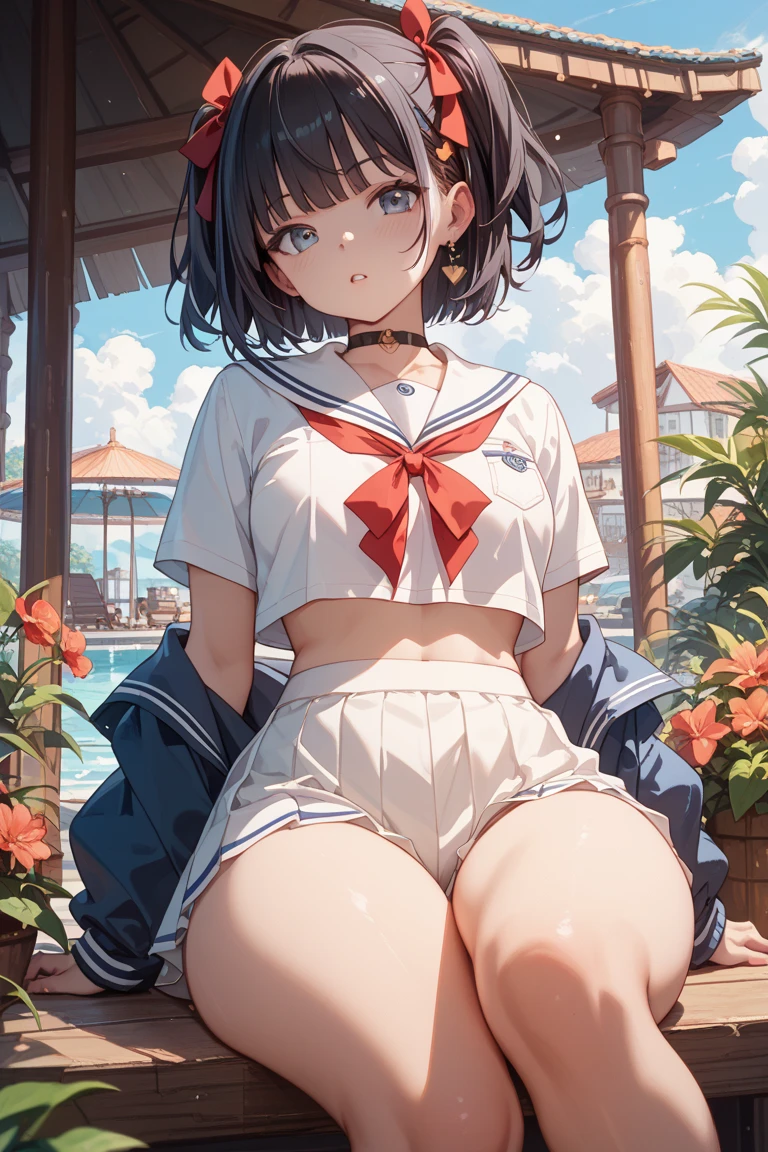 1young_teen_The girls、Loli、brown_hair、medium_bob_hair、blue_midriff_baring_sailor_uniform、mini_skirt、short_sleeve、thighlet、big_tits,closed_eyes, Childlike smile、open_mouth、standing a,harbor_background、spread_legs、happiness、NSFW、short_gloves, wet,transparent,covered_nipples, covered_crotch, under_tits, sweat, bare_thighs, (groin:1.5), tan,