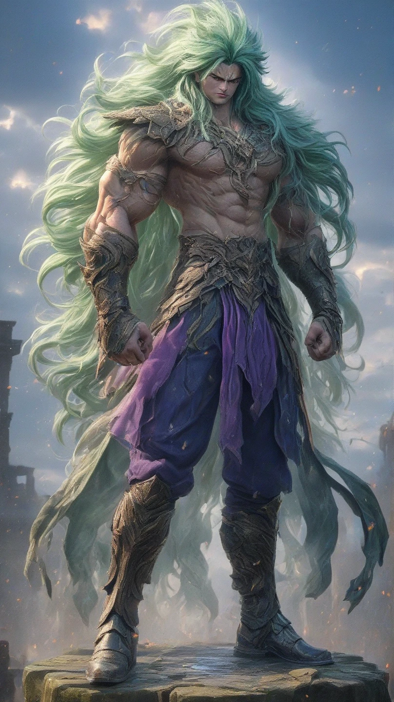 A tall, strong man with long green hair,in front of a building. With a bright, lively day and the lights shining brightly, As if his hair was on fire with eyes blazing and hair whipping in the wind and muscles defined and so strong with veins popping out