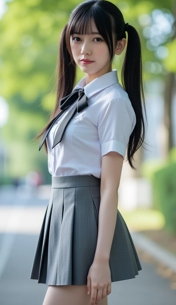neat college girl、(Schoolgirl Uniform、Loose and large shirt、Shoulders are visible、Nipple bumps、20 years girl、shirt wet、Sheer white shirt、Navy blue ribbon at the collar、School Uniform Blazer、Dark blue pleated micro mini)、Outside the field、(Slimed)、Photorealsitic、detaileds, Skin Texture, ultra-detailliert、Delicate and sexy collarbone、Super Detailed Face、Detailed lips、A detailed eye、二重まぶた、tiny chest、Smaller chest、small tit、Small、flat breast、Chest emphasis、Very distressed look、Very embarrassed look、Lift the hem of the skirt yourself,、Show the camera your white panties、Braids