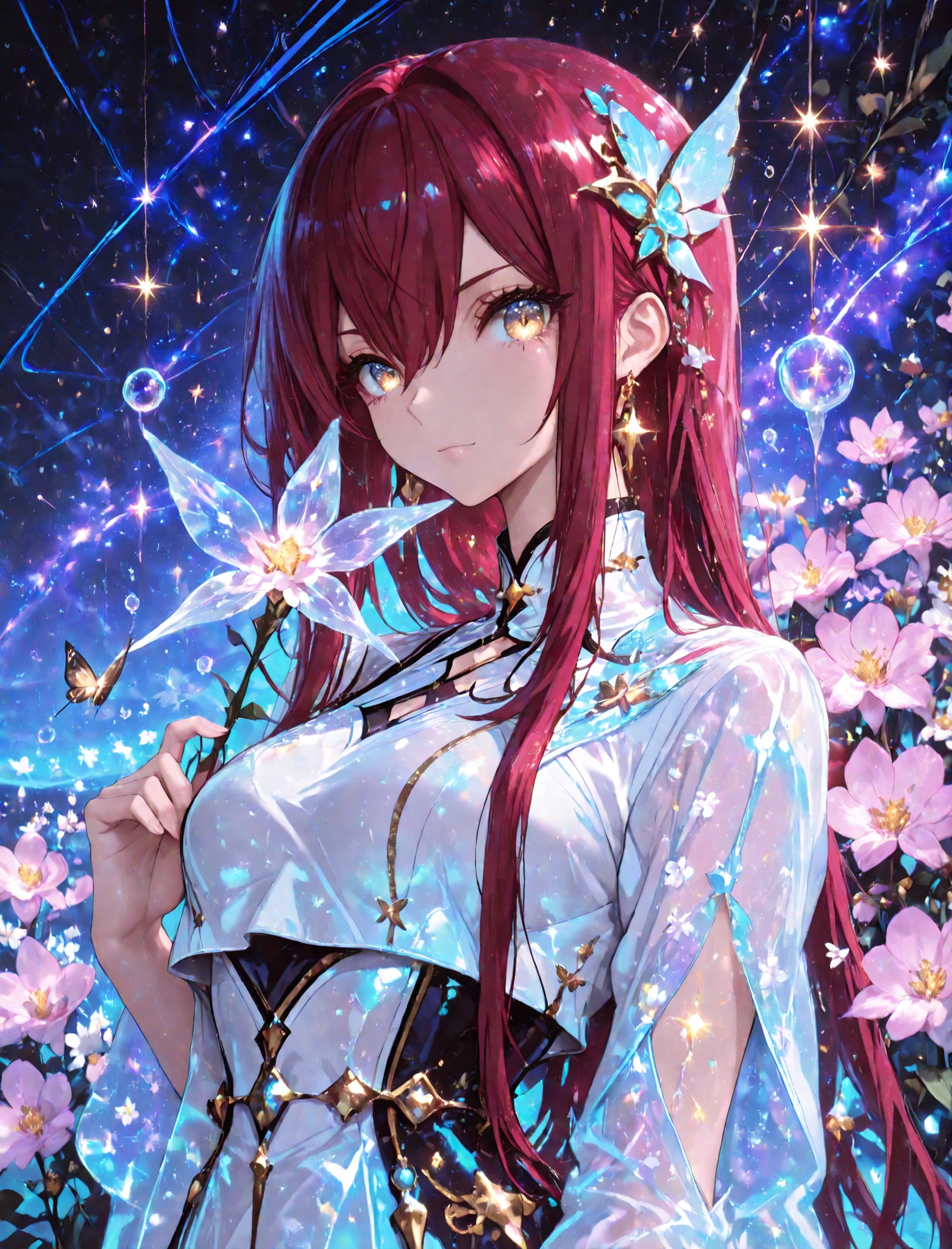 1 girl , golden eyes , very long hair , long sidelocks, red hair , petite , very cute , beautiful ,Straight hair, cool, handsome, hair between eyes, mediumlarge breast
, floating in a sea of stars, long flowing hair shimmering like moonlight, glowing galaxy eyes, wearing an ethereal translucent kimono made of constellations and nebula dust, surrounded by magical butterflies of light, soft ambient glow, bioluminescent particles, star trails swirling around her, peaceful expression, cinematic lighting, dreamy color palette, ultra-detailed face and hair, masterpiece, 8k, artstation, beautiful face, beautiful eyes, beautiful hair, best quality, look at viewers, (floral tiara), ((blooming flowers)), ultra detailed, perfect light, , purple world, misty, bubble, fantasy, transparent jewel, transparent crystal, light, glow, shine, shining, holding flower, dynamic pose, dynamic shot