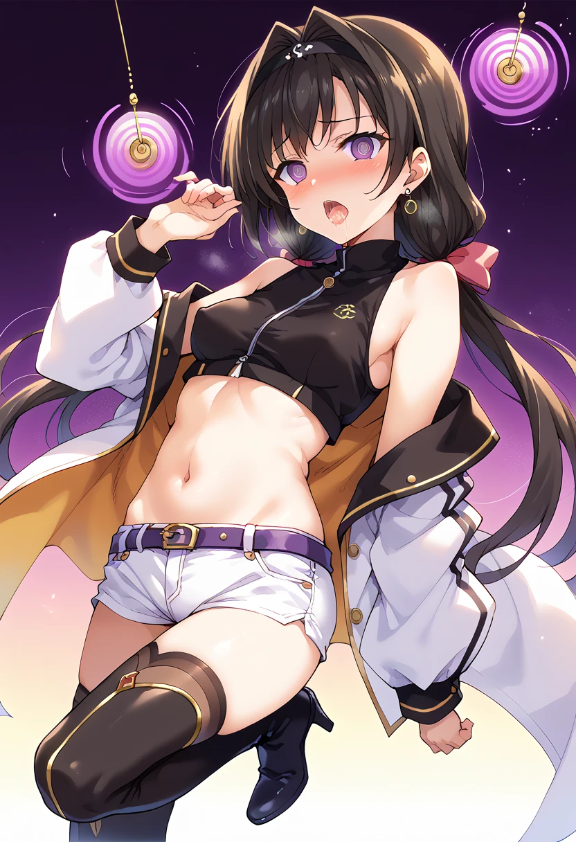super , masterpiece, highest quality, abstract, psychedelic, neon, (honeycomb pattern), (creative:1.3), fantasy 00d、 black hair、bob cut with trimmed ends、flat chest、lolicon、belly button、High-leg style、white cloak with pink pattern、pointed nipples、white panties、(((squat)))、transparent clothes、A lot of pink hearts pop out from the crotch..、Underwear that has dug in、((Love juice splashes from the crotch))、pussy、Mouth wide open and drool、surprised eyes、white beret、lean back、10 years old、Praying Hands