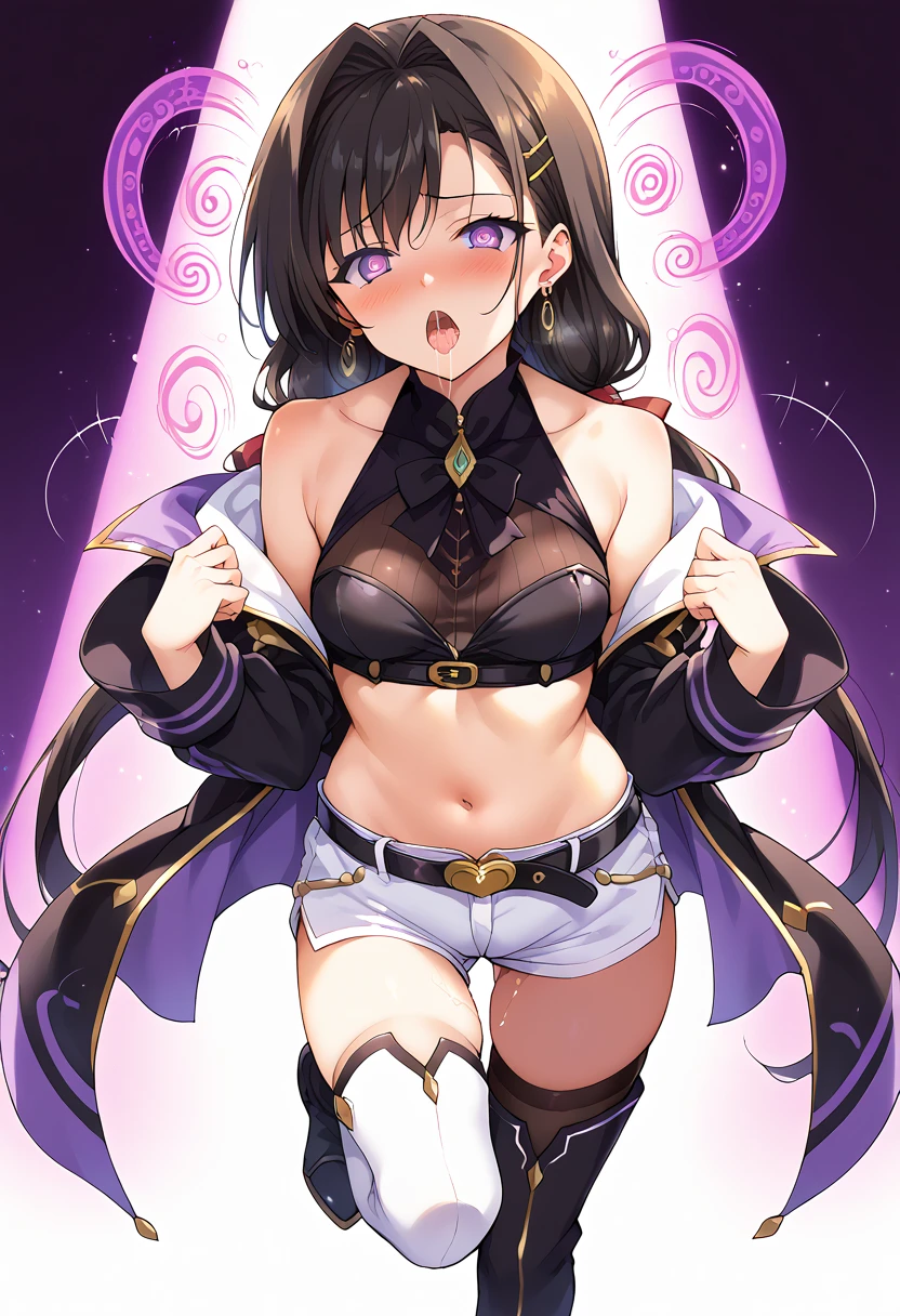 super girl elementary school student, masterpiece, highest quality, abstract, psychedelic, neon, (honeycomb pattern), (creative:1.3), fantasy 00d、 black hair、bob cut with trimmed ends、flat chest、Thin crotch、lolicon、belly button、High-leg style、white cloak with pink pattern、pointed nipples、white panties、(((squat)))、transparent clothes、Heart particles are released from the pants...、hand to mouth