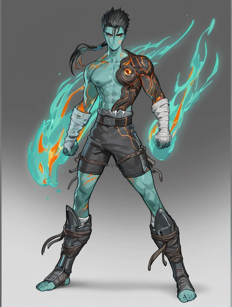 anime, 1 human man only, long black hair, standing, right wooden hand, left ice hand, right fire foot, left skeleton foot
