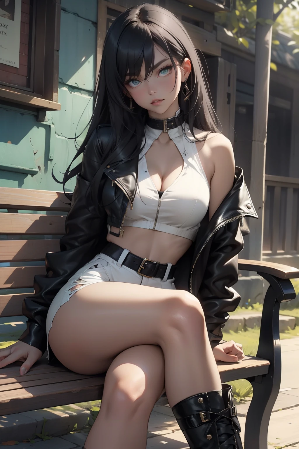 Mulher chorando, olhos vermelho palpebras dupla rosto triste,cabelo na frende do rosto ,sitting on a park bench with her hand on her face torn clothes white bra jeans, sapato de skatista preto,numa chuva
