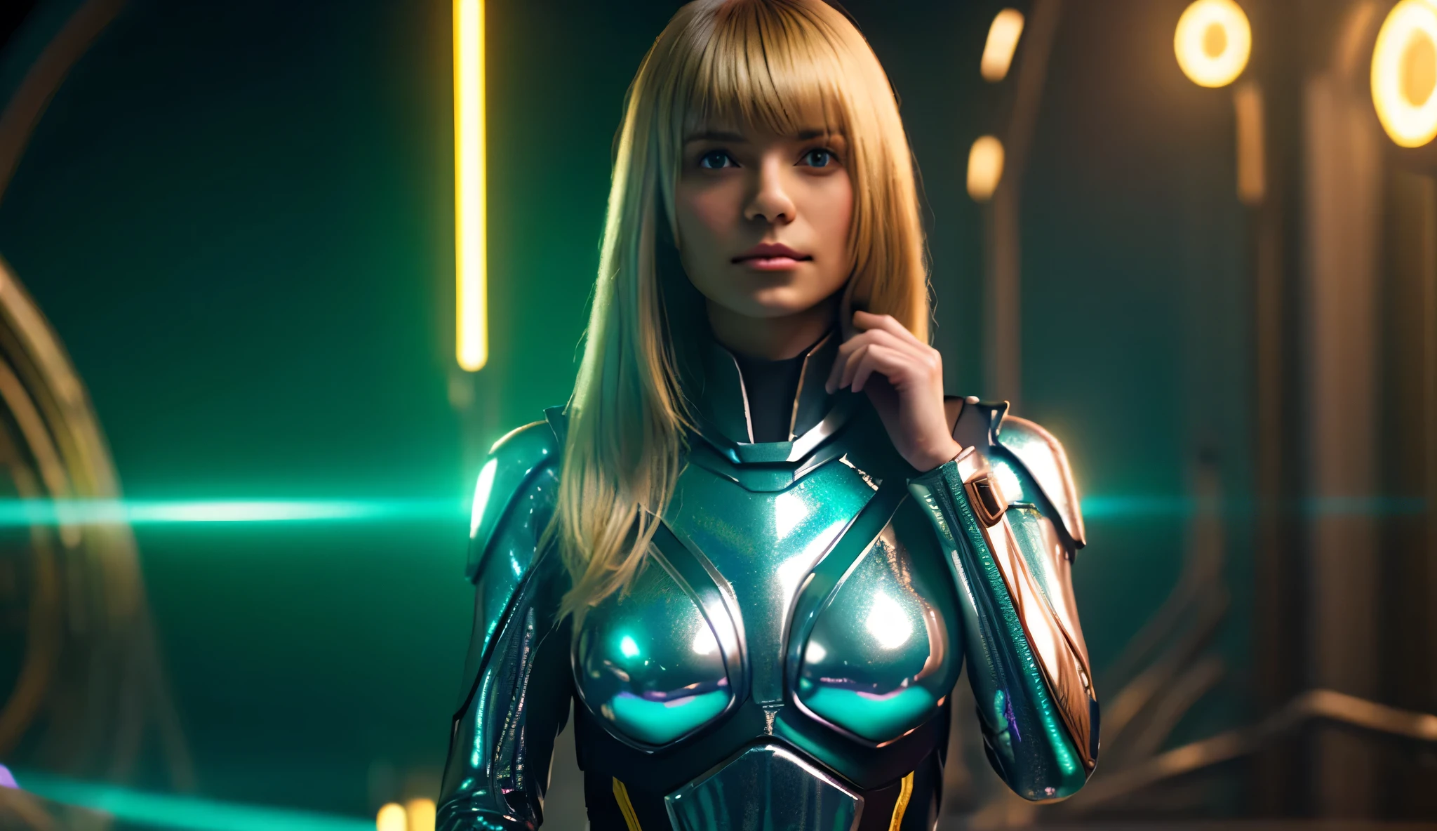 there is a woman in a green suit sitting in a car, perfect android girl, retrofuturistic female android, beautiful android woman, beautiful female android!, female android, futuristic robot body, robotic body, beautiful female android, sci-fi android female, female robot, broken beautiful female android!, gynoid cyborg body, biblical female android, ultra detailed female android