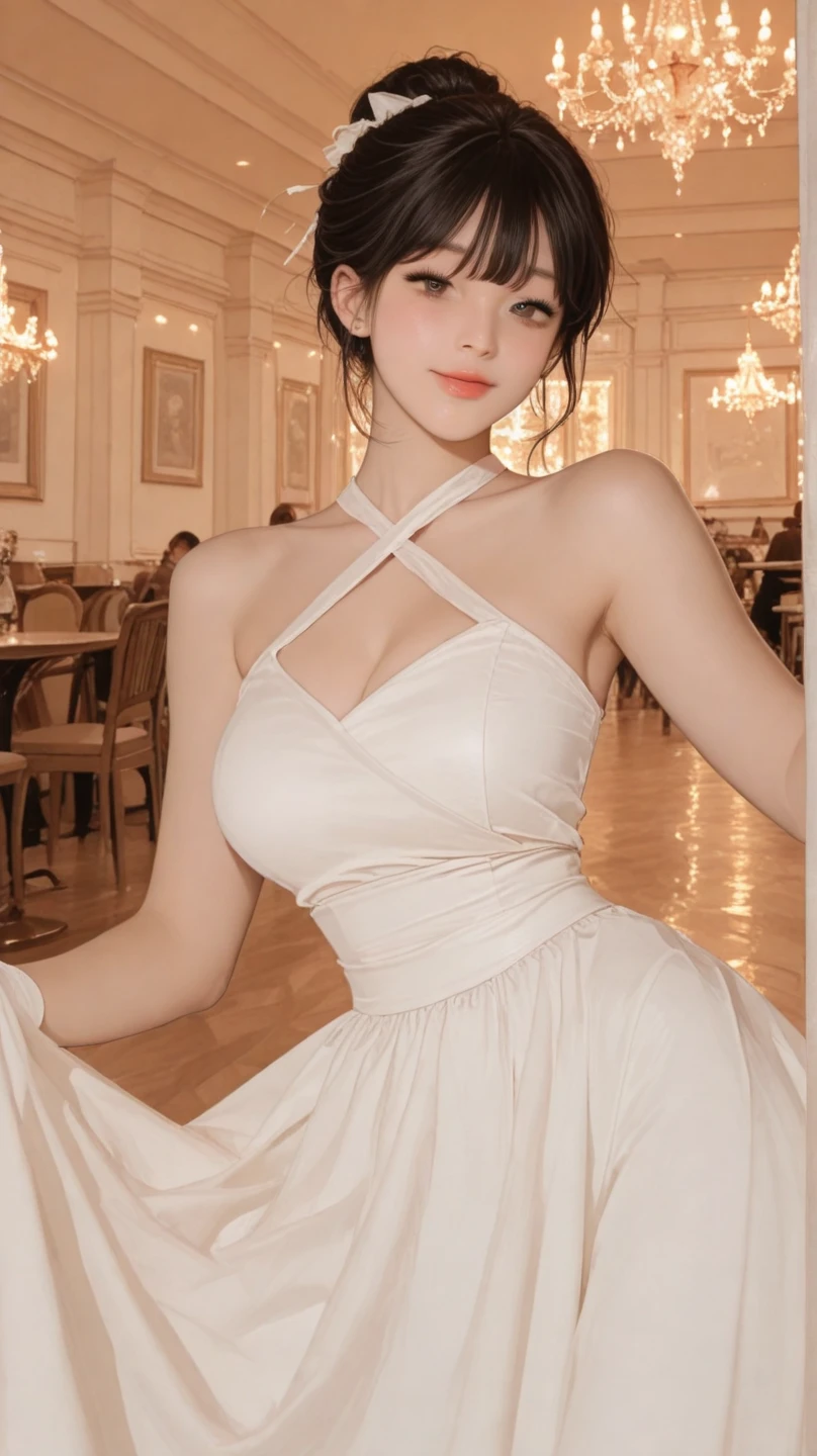 white dress, cleavage, large breasts,fashi-girl,((from below)),((cowboy shot)), a beautiful girl, a young female model,  random pose, elegant pose, visually appealing, masterpiece, (best quality, 4k, 8k, highres, masterpiece:1.2), ultra-detailed, ultra-fine painting, exquisite face, slender figure, smiling, radiant smile, In a bar, stand and lean against the bar counter