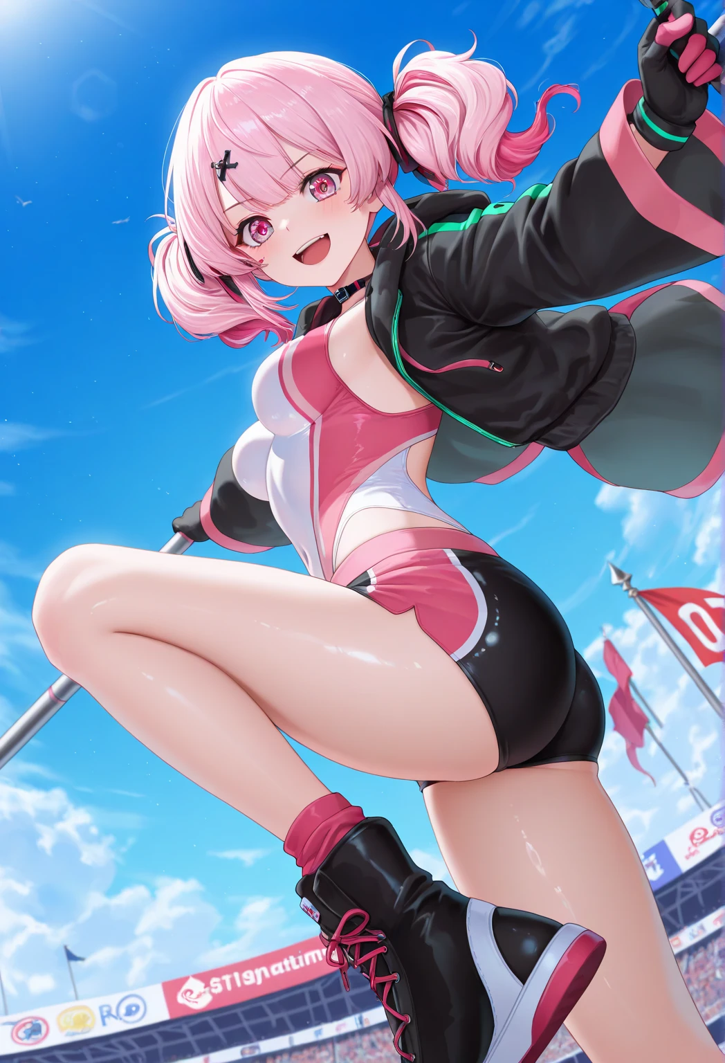 ((Best Quality)), ((masterpiece)), (Best Quality), 1 beautiful girl, big thighs, pink and sexy bikini, scantily clad, short pink hair, yellow eyes, blushing, view from below.