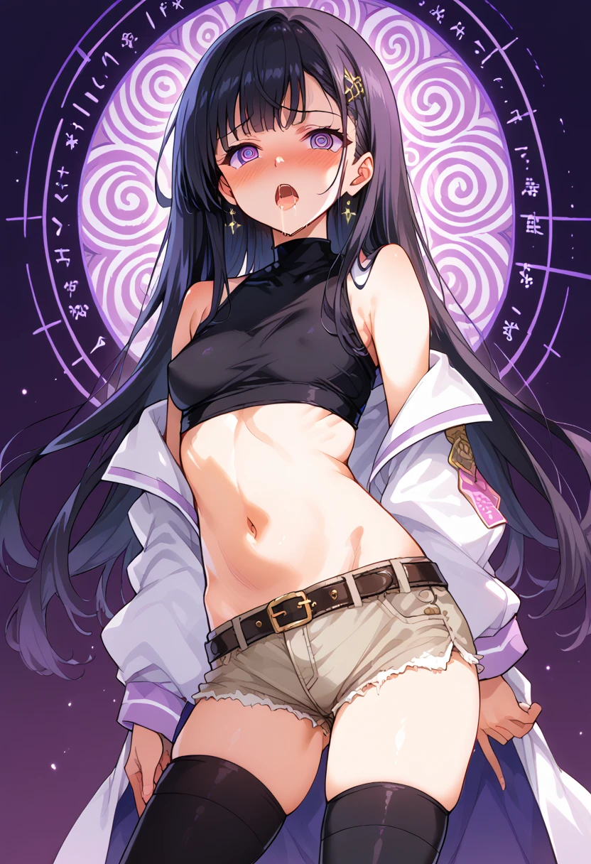 Nitocris, animal ears, (dark skin:1.5), dark-skinned female, facial mark, hair between eyes, long hair, (purples eyes:1.1), purple hair, sidelocks, floating hair, back to viewer, looking towards viewer
