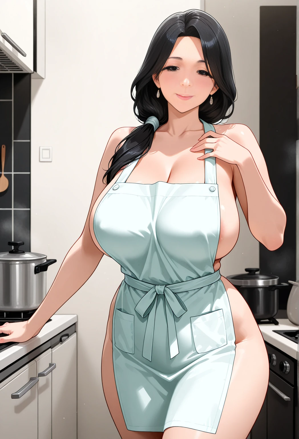 multiple thick body large breast female wears transparent long floral wavy dress lean body down while male character hugs from behind, in the kitchen brightly lit, (show bare breast and nipples hanging out of dress), nsfw, food on stove, some female show back view to camera, male naked