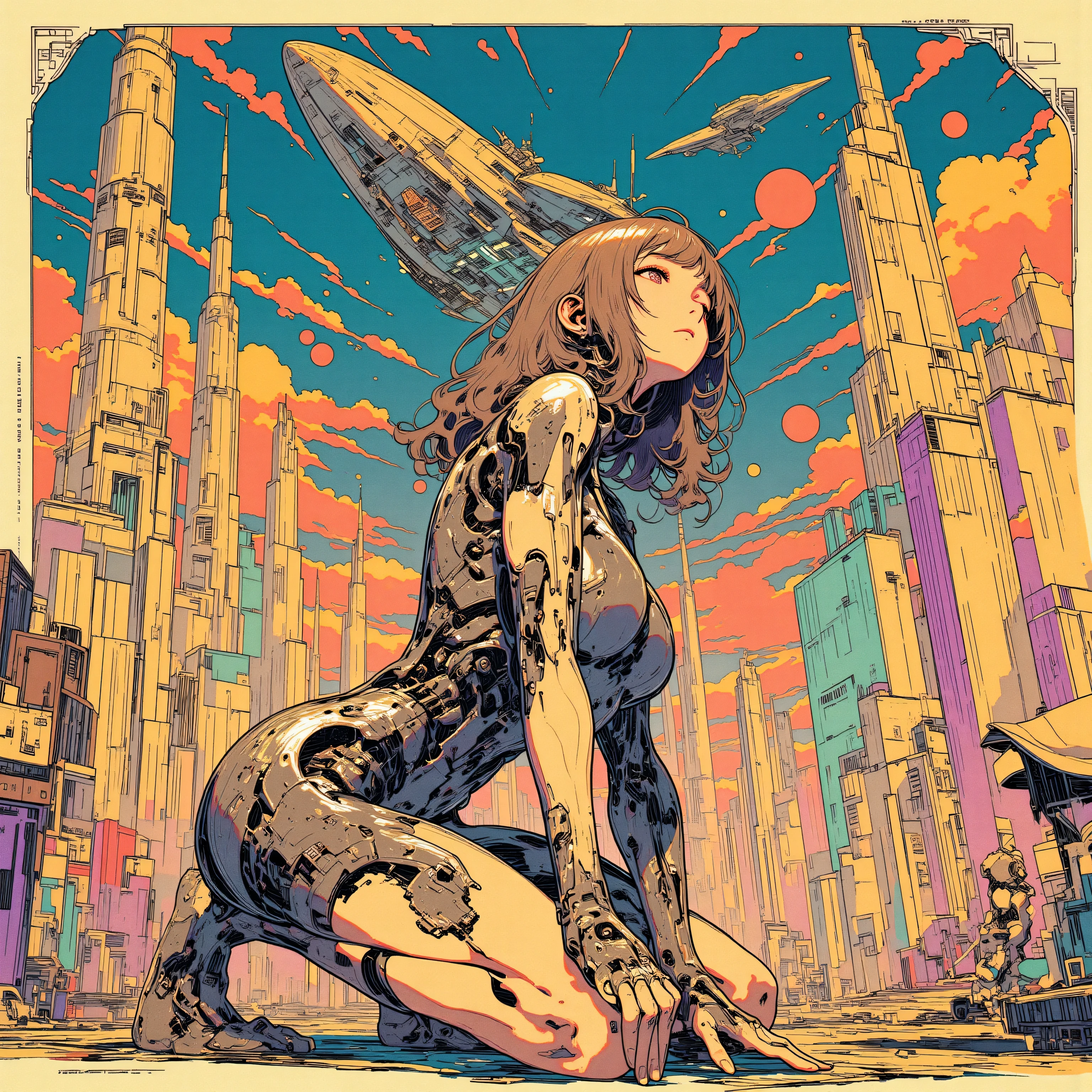 drawing of a woman in a yellow bikini next to a traffic light, some red and purple and yellow, some red and yellow, inspired by Tadanori Yokoo, digital art. colorful comic, [ digital art ]!!, [ conceptual art ]!!, colored sketch anime manga panel, biomechanical oppai, comic digital art, digital art!!, lowres