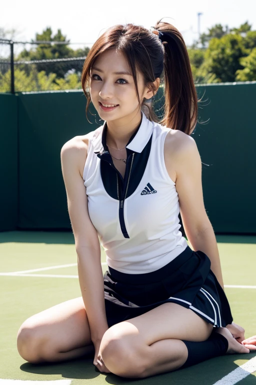 Pure Japanese tennis girl, no makeup, thick eyebrows, wearing tennis uniforms, natural ponytail, pure smile, natural body, beautiful legs, shiny white skin, refreshing in early summer morning sunlight, feeling soft breeze in hair, sitting, spread wide legs, lift up skirt, (panty), sexual temptation, sexual attractive, professional portrait photography,