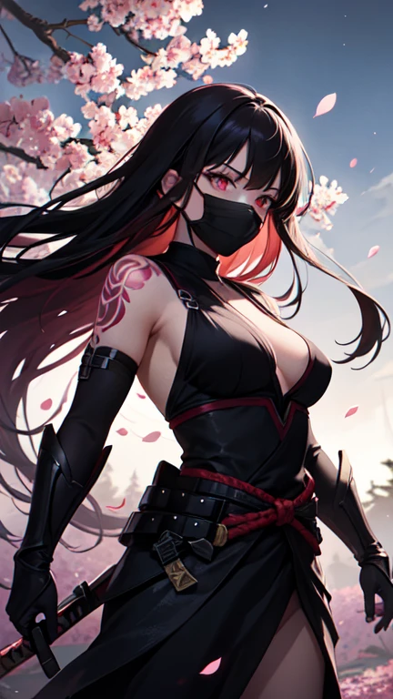 woman, cat ears, long hair, black hair with brown tips, red eyes, her clothes are ninja clothes, her clothes have a red outline, her clothes show her belly, she wears a black mask, her The mask is more detailed with an older style, gloves without the tips on her hands, the backdrop is spider lily flowers.