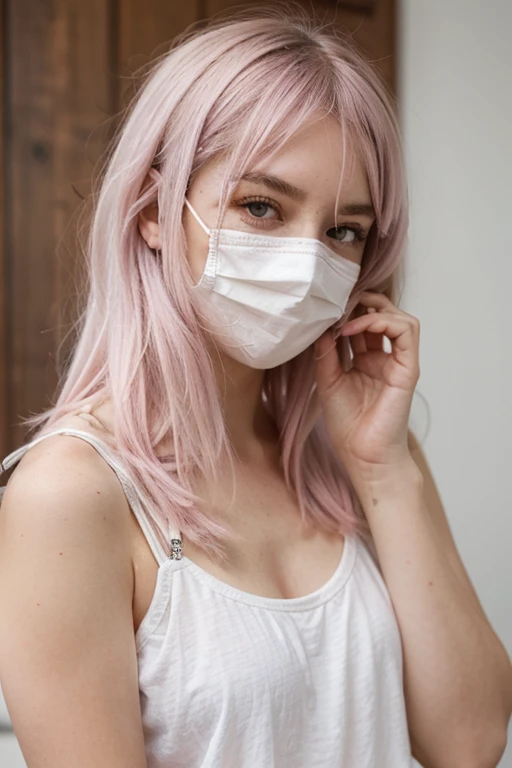 A 20 year boy wear good looking mask pink eye lens colour and golden hair