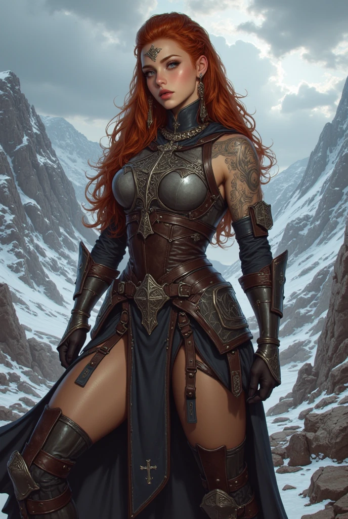 Mujer hermosa. Blue eyes, mirada intimidante e intensa. Red head. Seductora. Cuerpo completo. Woman of character. Valkiria Con algunos tatuajes. In the middle of a starry night in the mountains.