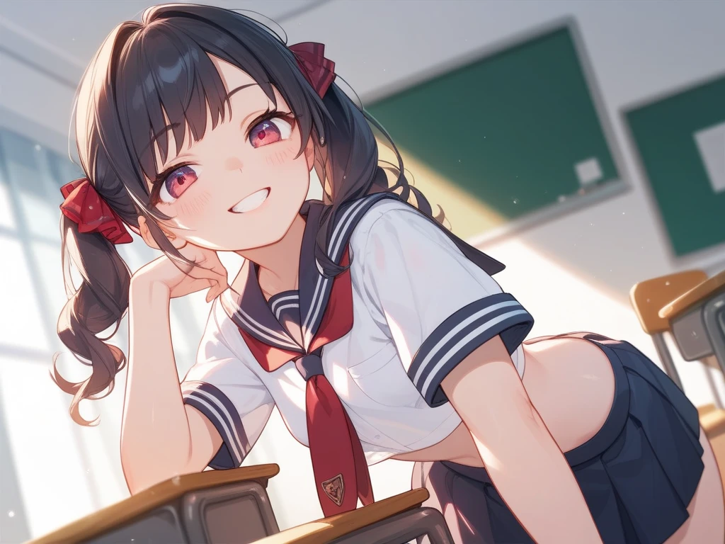 looking ahead,from above,Kneeling,handjob,side view,face focus,open mouth,tongue out,cum on tongue,lick,(1girl,Beautiful 14 year old girl),((Slender,Small breasts,Baby Face,Small face,)),looking at viewer,Black Hair,bangs,two side up,Gray Eyes,Drooping eyes,slit pupils,narrow eyes,,Short sleeve shirt,Red tie,Navy blue mini skirt,Navy blue socks,Beautiful and detailed anime art,Mischievous smile,Dimly lit room,Simple Background,Gray background,Low lighting