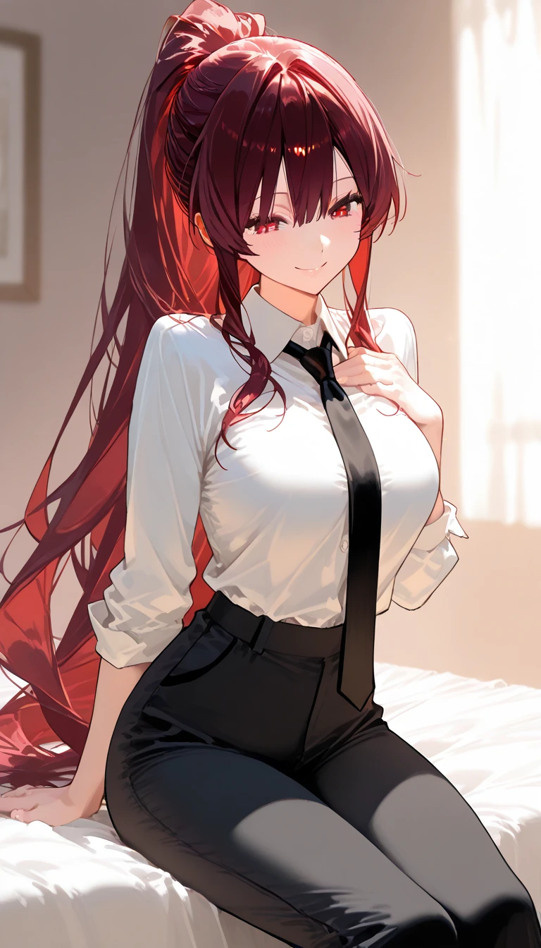 makima \(chainsaw man\), best quality, ultra detailed, 1girl, solo, red hair, long braided hair, golden eyes, bangs, medium breasts, (blushing:1.2), stare, sunset, warm lighting, white shirt, no pants, neck tie, large window, thigh high socks, (wariza:1.2),