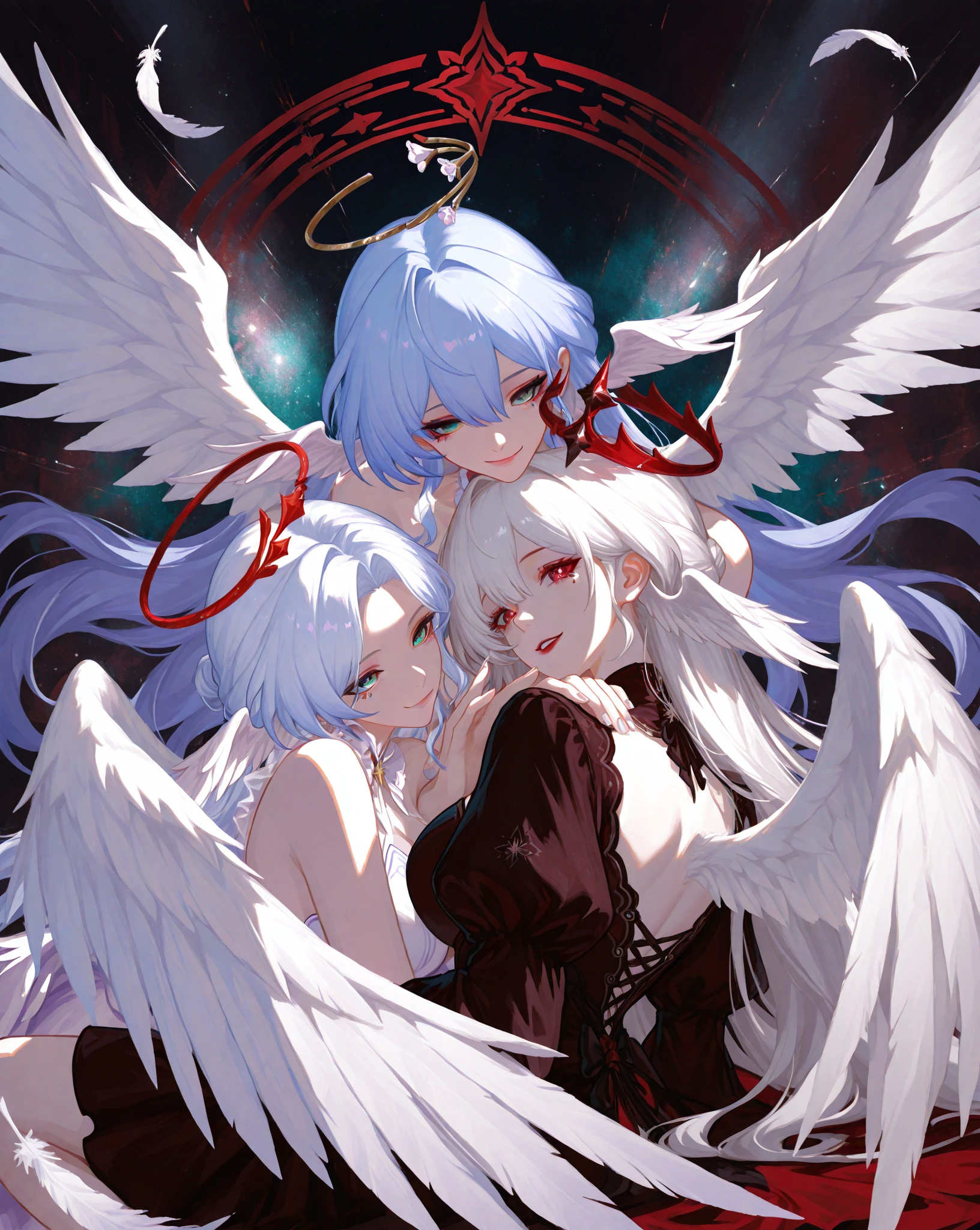 masterpiece,best quality,ultra-detailed,realistic,extremely detailed CG unity 8K wallpaper,left_right,full body,fantacy,From the side Side,2 girls,angel and demon,The angel sat on the bed shy and terrified,The demon approaches the angel,And looked straight at her,(white hair,white high-waist skirt,White angel wings:1.2),(black hair,black criss-cross halter,Black demon wings:1.2)