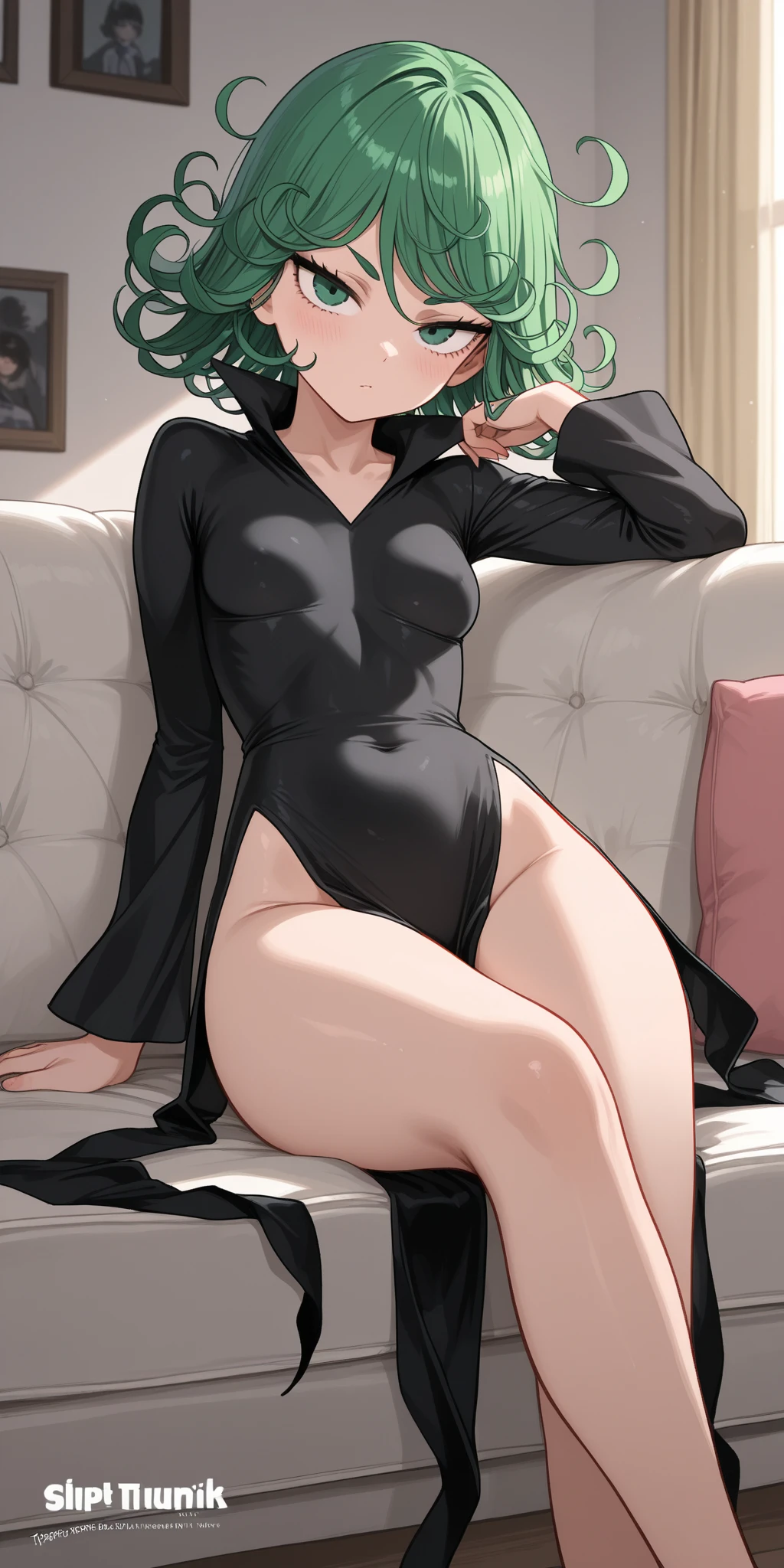 Masterpiece, Highly detailed, Best quality, 超高分辨率, 1girll, Solo, (Snow outside the window,By the fire,perspire,Be red in the face),(Medium ), Breasts than Hinata:1), (Bunny girl outfit,Long black stockings,Kneeling position), cleavage, Fromnt side,sitted,on a sofa,Black eyes,White eyes white