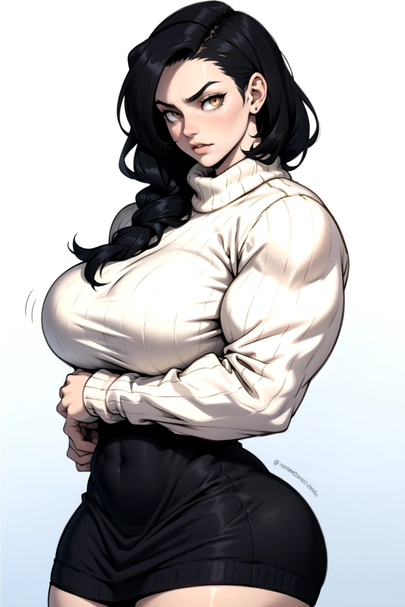 pale skin ((1 girl)) ((((muscular)))), ((huge tits)) ((thick thighs)) ((wide hips)) ((toned body)) ((curvy)) (thick thighs)) (pale skin) black hair very long hair yellow eyes angry (sweater) thong