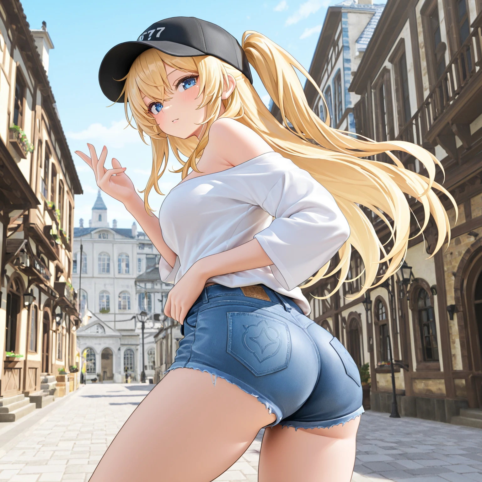 masterpiece, best quality, highly detailed, sitting, from behind, outdoors, centi \(supreme holiday\), blue eyes, white shirt, see-through shirt, ass, looking back, light smile, <lora:centi_supreme-holiday_nai:1>