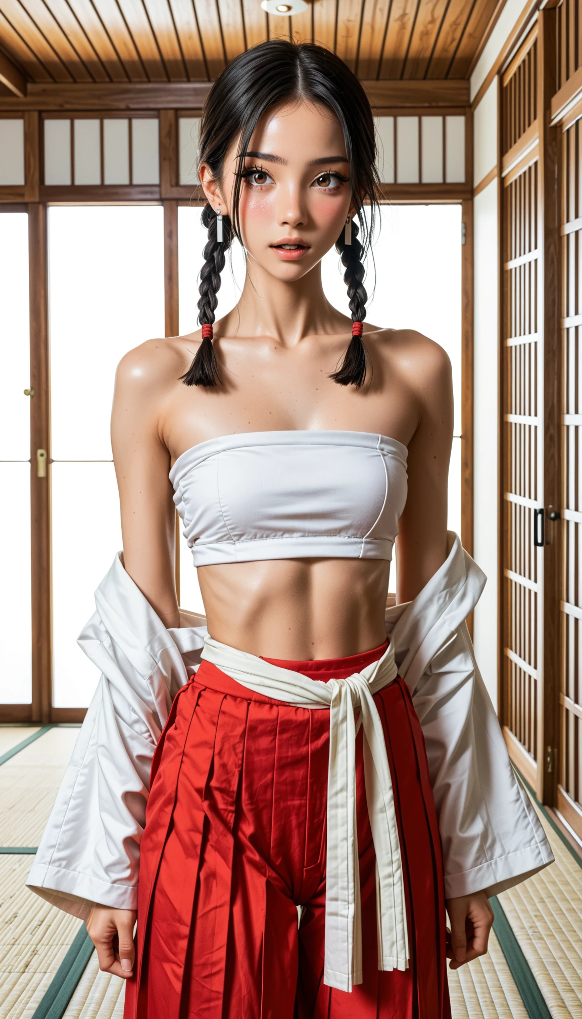 Moisturized skin, (red eyes), realistic body, (adult female body), heartless, (16 years old), (young girl),
BREAK,
bright red lipstick, (beautiful navel),
BREAK,
((masterpiece + highest quality + high resolution + highly detailed)), (full body: 1.2), symmetrical, one shot,
BREAK,
(leaves fluttering), (wind blowing), (battle stance: 1.4),
BREAK,
(large Japanese sword), ninja clothes, inside a mansion, assassination, a ninja with a sword creeps through a mansion, has a cut, long hair, ponytail, red hair, sword, cross mark on left cheek,