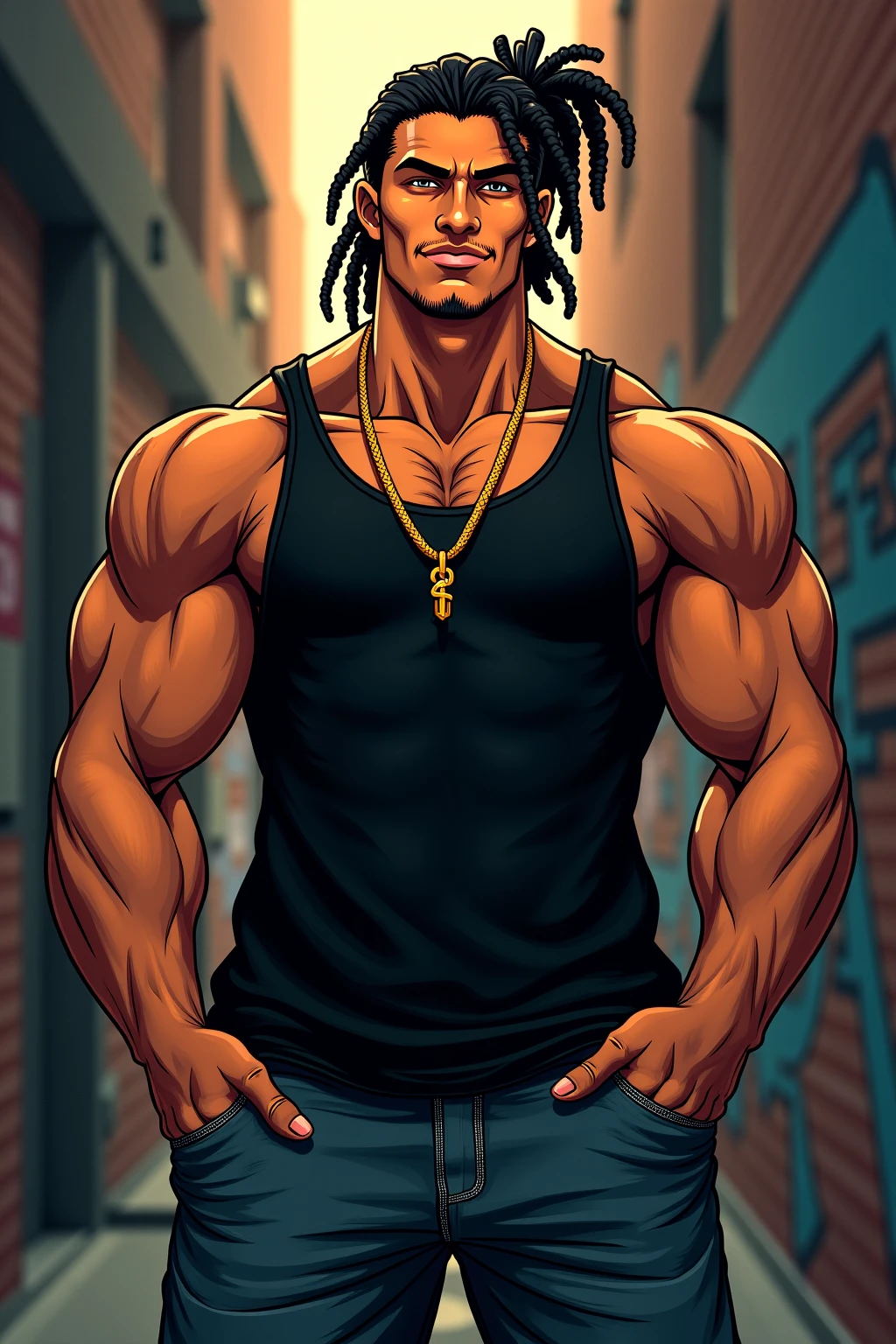 black male,  with short dreadlocks and a well-trimmed beard,  brawny , anime version