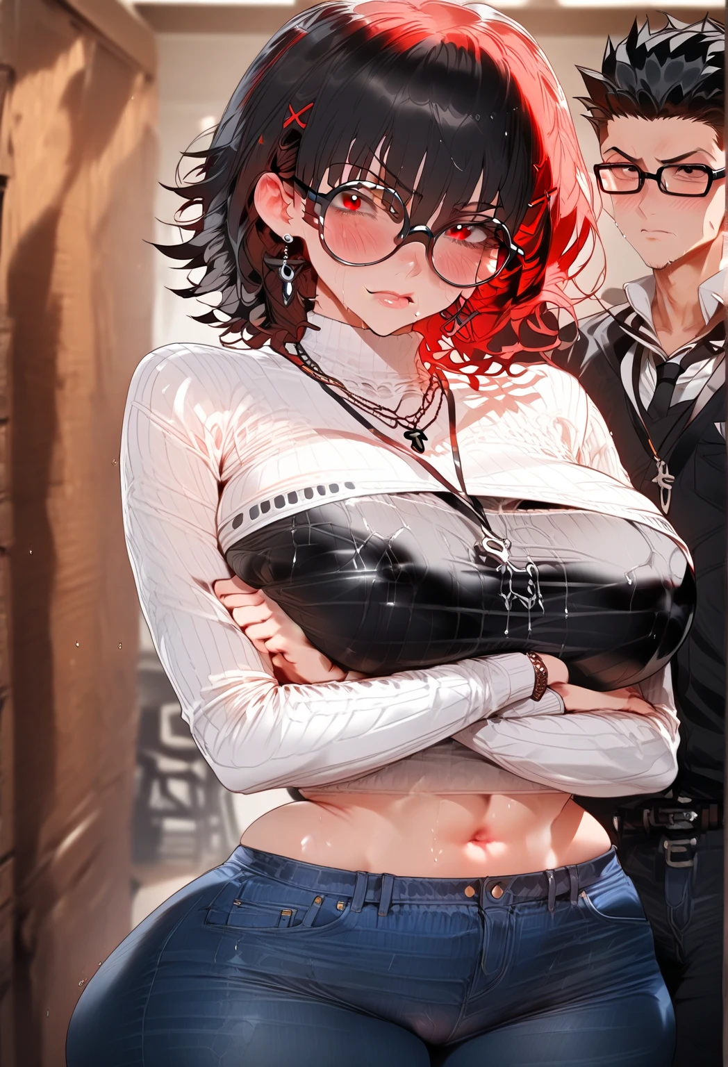 score_9, score_8_up, score_7_up, score_6_up, score_5_up, score_4_up, source_anime, tomboy, solo, (very short hair, pixie cut, brown hair), circle-glasses, cute girl, perfect female body, big breasts, cleavage, toned stomach, beautiful limbs, white Shirt, black bra top, Distressed jeans short pants, She is standing next to the bed, the viewer is holding her on a leash, The chains are held by the viewer off-screen., leather collar, padlock, leather leash, submissive, Ecstatic expression
