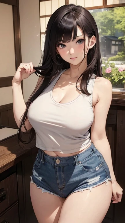 (Girl),(long hair),masterpiece,large breast, outdoors, looking at viewer, detail eyes, detail face, standing, smile, (front view:1.3), jeans shorts, casual shirts, upper body shot, (portait), (detailed face), cleavage
