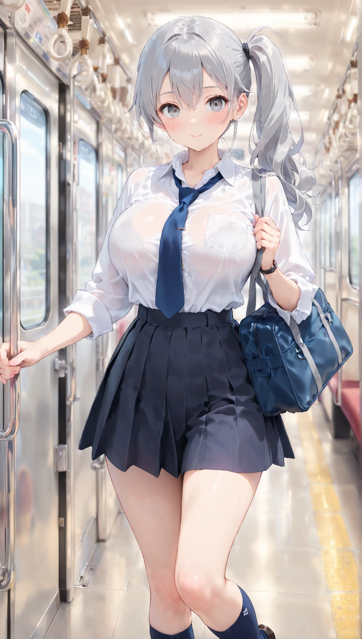 最high quality、best image quality、masterpiece、teenage girl((18-year-old、 By becoming、vest bust、medium bust,wide open breast tea、black eye, gray hair、long hair、thin,highest valley、black shirt、blue cloak、red pants)),high quality、beautiful art、background((in the train))debris flies、Depth of written boundary、movie、visual art、perfect art、8K,genuine