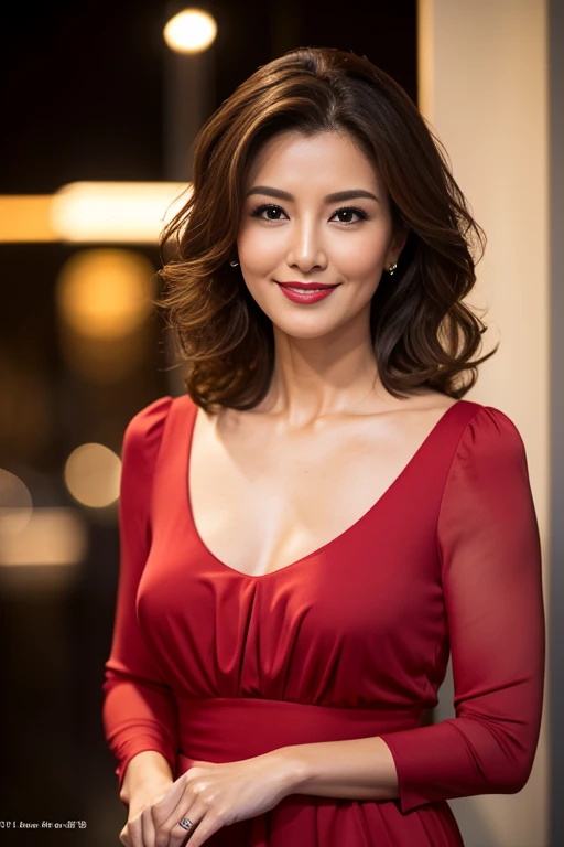 Highest quality, 8K resolution, masterpiece, Professional photography, 40 year old beauty, Walk through the downtown area at night, (Elegant and stylish crimson top), Face close-up, ((look forward to)), (((View your audience))), smile, Wrinkles around the eyes, Standing Elegantly, Plump and soft body, Elegant and beautiful long wavy hair, Shapely breasts, Perfect Makeup, Beautiful lipstick, Elegant eyeshadow, Ultra-high resolution glossy skin
