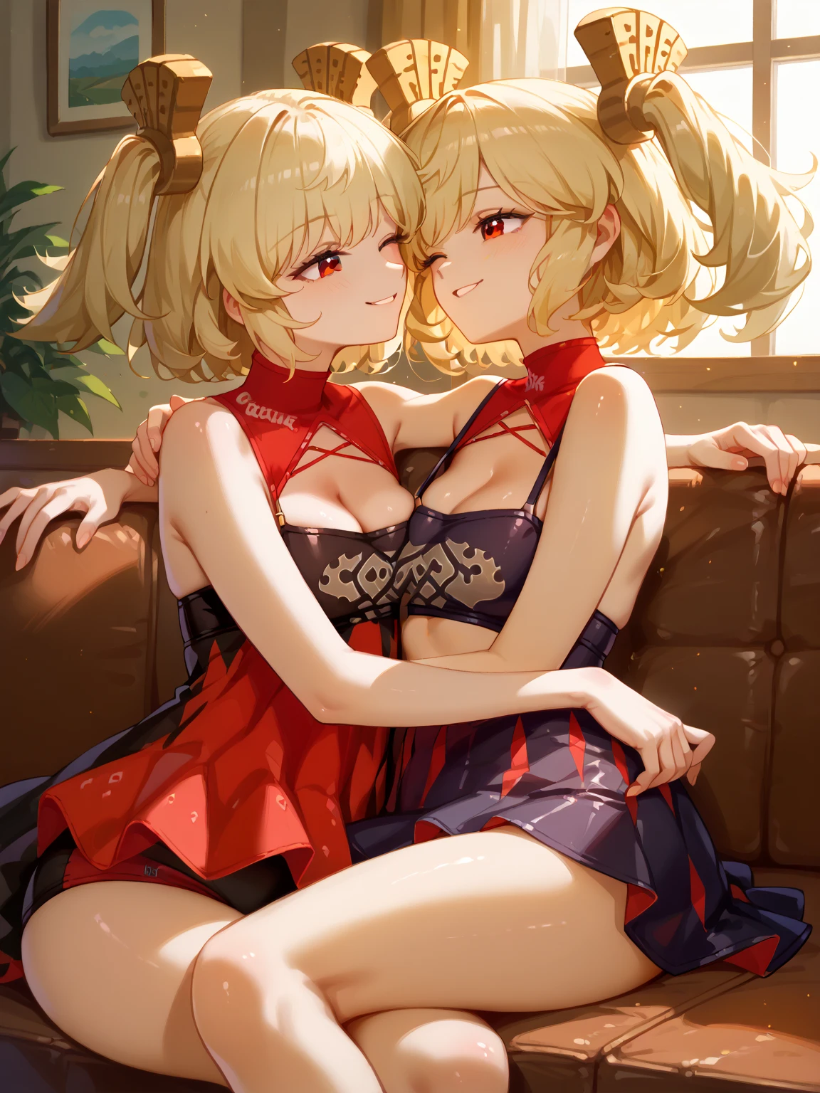 ((highest quality、High resolution))、Blonde、((Two beautiful girls are seducing me))、Large Breasts