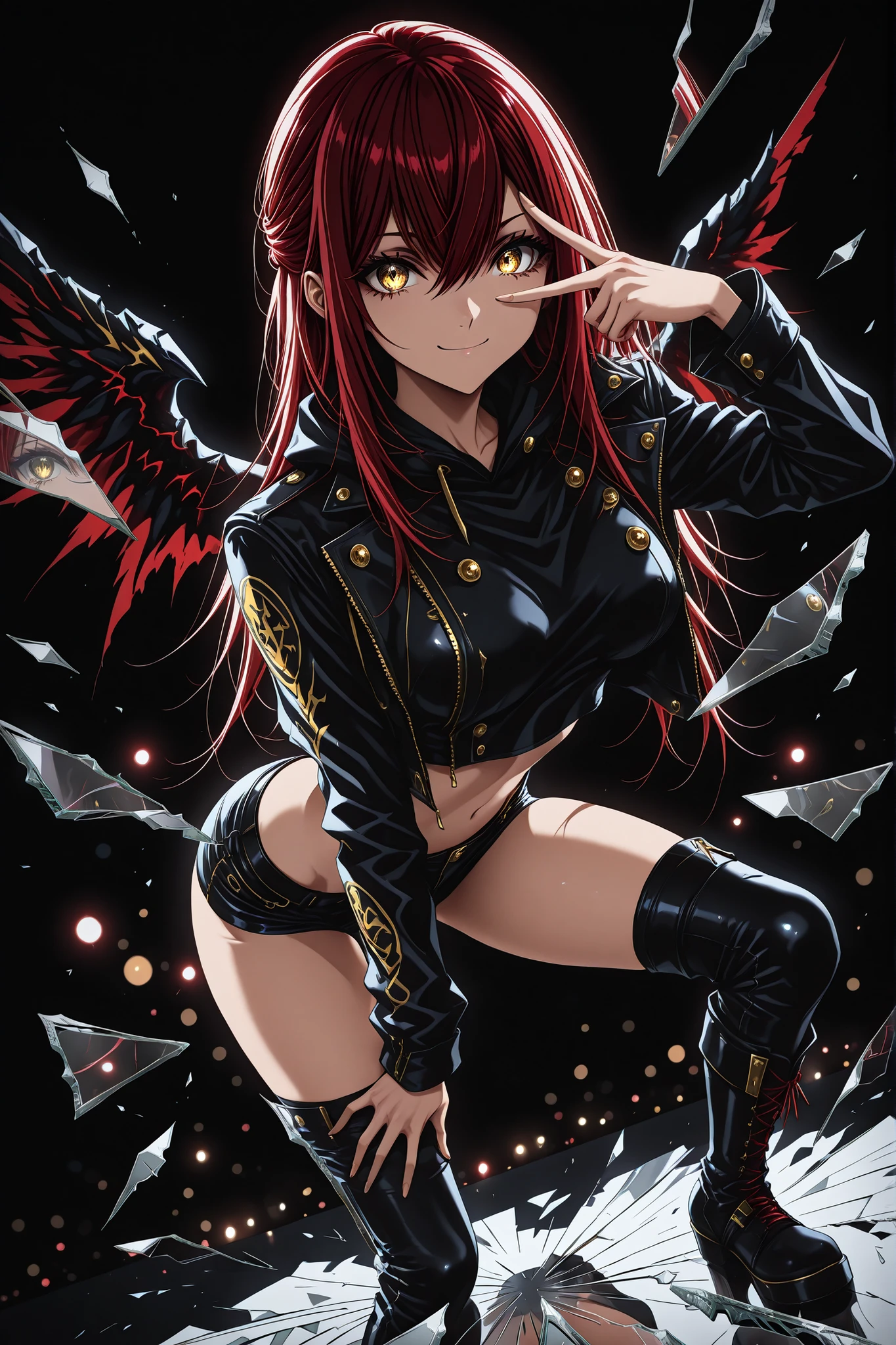 1 girl , golden eyes , very long hair , long sidelocks, red hair ,half updo, petite , very cute , beautiful ,Straight hair, cool, handsome, hair between eyes, sexy, medium breasts , Dark angel, black and red angel wings, bent forward, v , v over eye, one hand on thigh, crop top, punk jacket, open jacket, micro shorts, knee high boots, stockings, cheeky smile, broken glass,dynamic shot, dynamic view, (dynamic angle), (dynamic pose), (glass shards, reflection, broken glass), bokeh, glittering, sparkling, (((black background)))