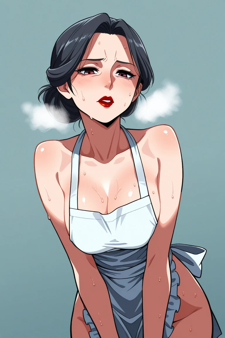 Sexy woman, black hair in a neat bun, amazing makeup, closed eyes, open mouth, blushing very hard, smiling, sweating, looking up, moaning, pleasure