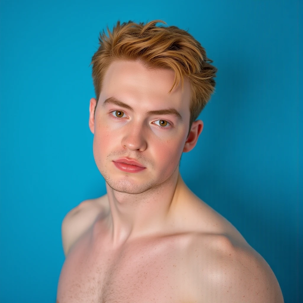 (best quality,4k,8k,highres,masterpiece:1.2),ultra-detailed,(realistic,photorealistic,photo-realistic:1.37),1 male model,albino skin color,red hair,showing armpits,sexy pose,serious face,slim muscular build,model is 17 years old